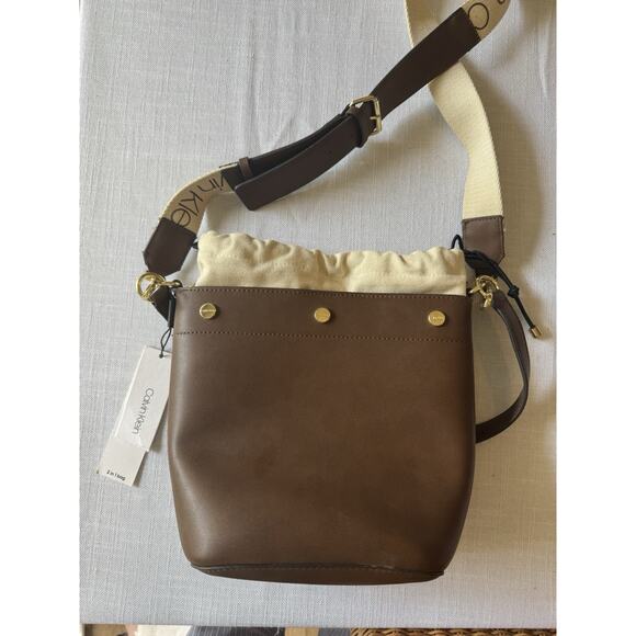 Calvin Klein Amber 2-In-1 Bucket Shoulder Bag Brown Leather Canvas - Picture 1 of 6